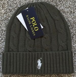 Polo Ralph Lauren Olive Green Cable Knit Beanie Hat Cap NEW NWT